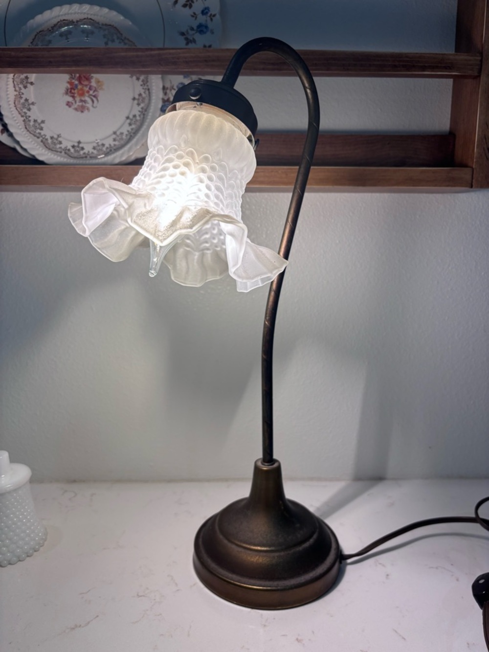 Vintage-Style White Hobnail Glass Lantern Table Lamp - swan neck shape